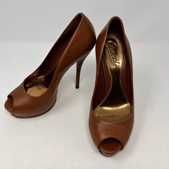 Gucci Womens 36 Chocolate Brown Leather Sofia Platform Stiletto Peep Toe Heels - Picture 4 of 16
